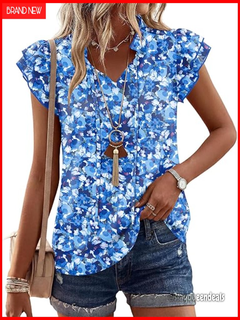 Floral Ruffle Sleeve Chiffon Blouse V Neck Tie Front Flowy Summer Top